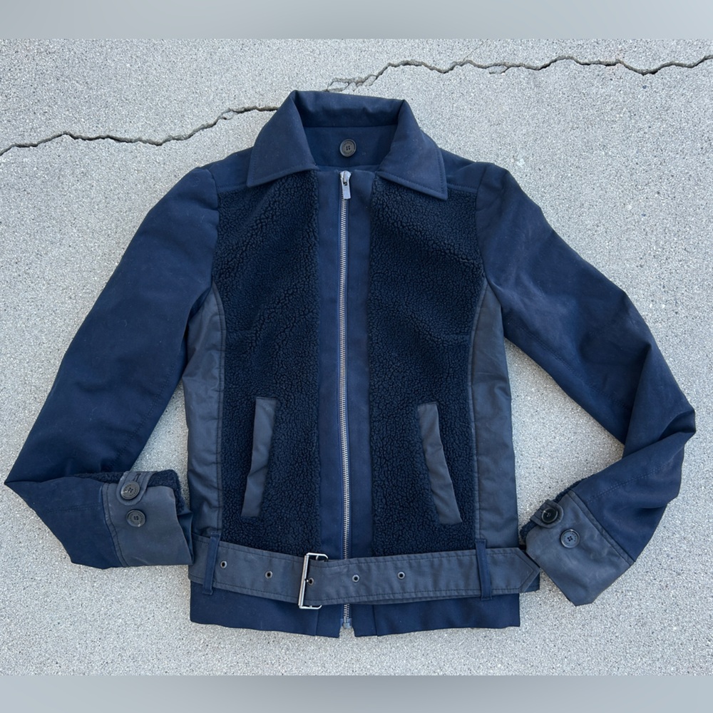 LACOSTE Women Sherpa Trim Motorcycle Biker / Bomber Jacket in Navy Size 32/ XS